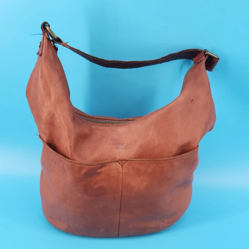 American Leather Co Cognac Brown Genuine Leather Hobo Shoulder Bag Distressed
